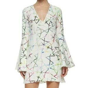 NWT ALEXIS White Silk Multicolor Abstract Print Bell Sleeve Shift Dress …